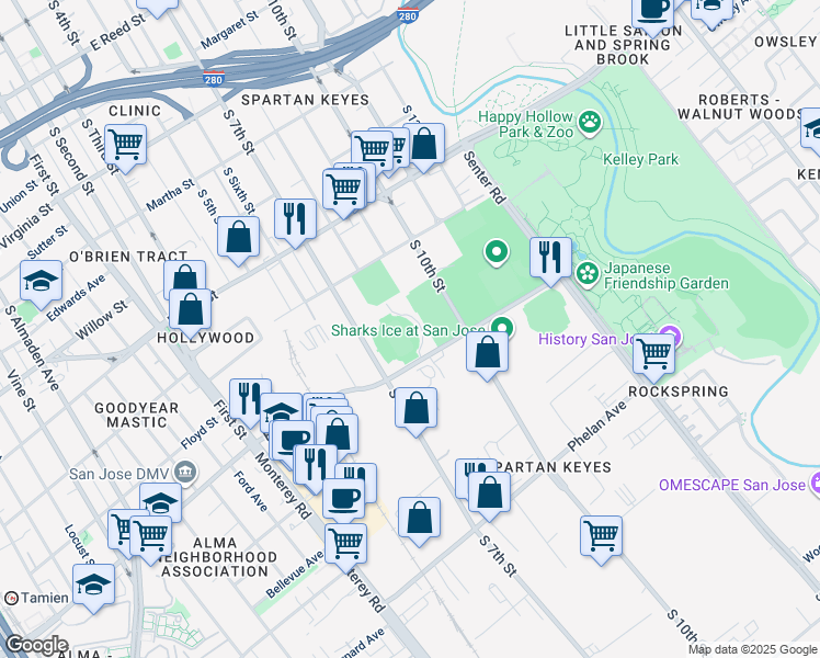 map of restaurants, bars, coffee shops, grocery stores, and more near 323-413 E Alma Ave in San Jose