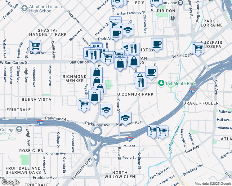 map of restaurants, bars, coffee shops, grocery stores, and more near 400 Race Street in San Jose