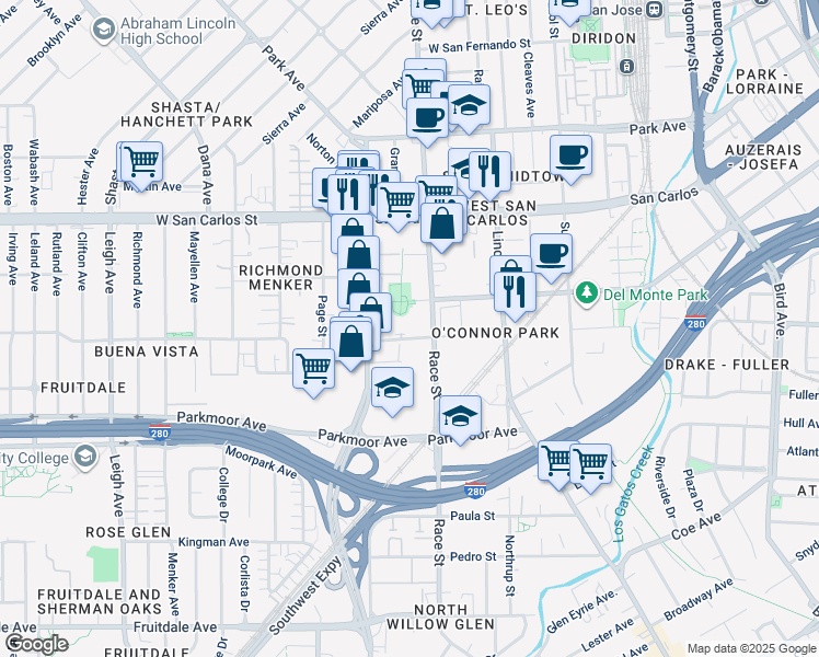 map of restaurants, bars, coffee shops, grocery stores, and more near 1310 Saddle Rack Street in San Jose