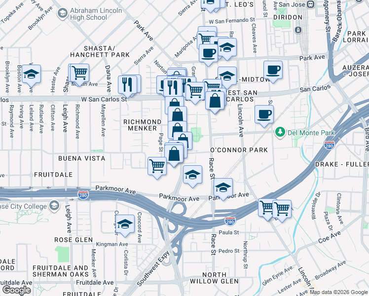 map of restaurants, bars, coffee shops, grocery stores, and more near 415 Meridian Avenue in San Jose