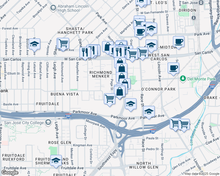 map of restaurants, bars, coffee shops, grocery stores, and more near 485 Page Street in San Jose