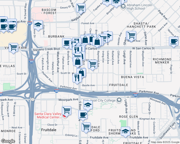 map of restaurants, bars, coffee shops, grocery stores, and more near in San Jose