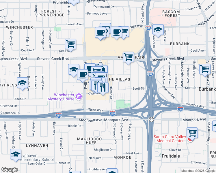 map of restaurants, bars, coffee shops, grocery stores, and more near 388 Santana Row in San Jose