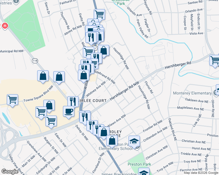 map of restaurants, bars, coffee shops, grocery stores, and more near 700 Curtis Avenue Northwest in Roanoke