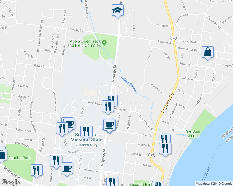 map of restaurants, bars, coffee shops, grocery stores, and more near 1324 North Sprigg Street in Cape Girardeau