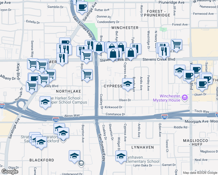 map of restaurants, bars, coffee shops, grocery stores, and more near 3568 Judro Way in San Jose