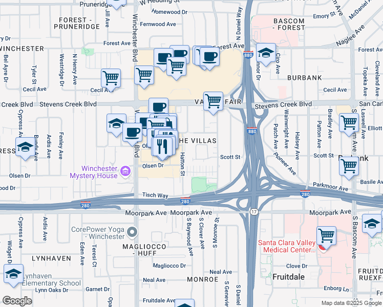map of restaurants, bars, coffee shops, grocery stores, and more near 644 Villa Centre Way in San Jose