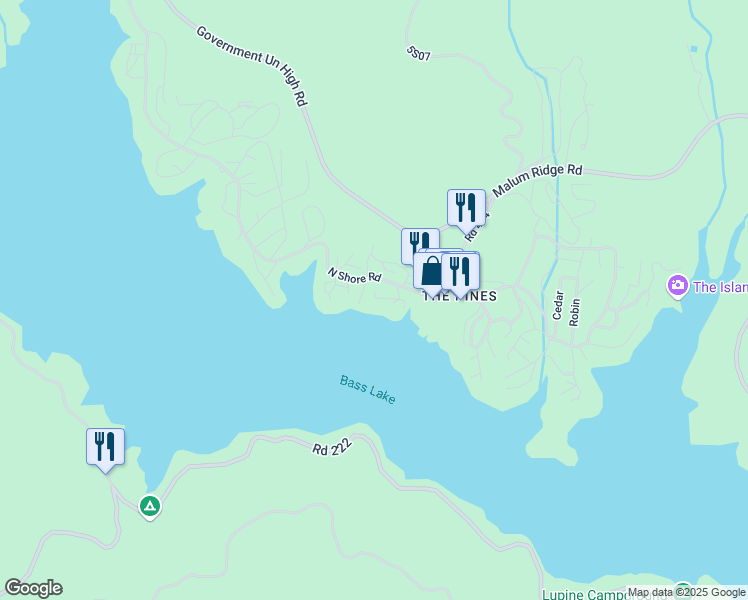 map of restaurants, bars, coffee shops, grocery stores, and more near 54222 Mono in Bass Lake