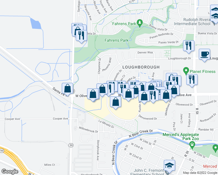 map of restaurants, bars, coffee shops, grocery stores, and more near 3150 Loughborough Drive in Merced