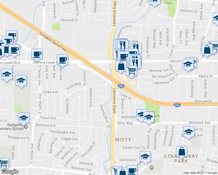 map of restaurants, bars, coffee shops, grocery stores, and more near 10210 Sterling Boulevard in Cupertino
