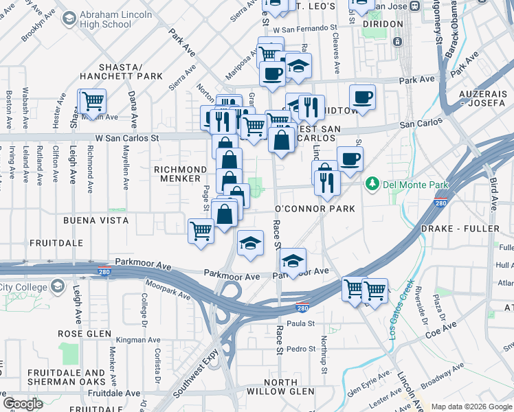 map of restaurants, bars, coffee shops, grocery stores, and more near 1390 Saddle Rack Street in San Jose