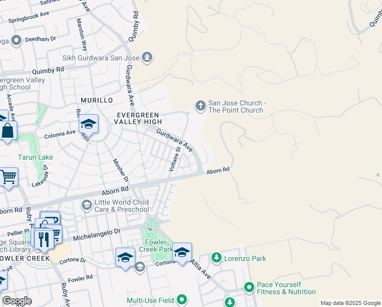 map of restaurants, bars, coffee shops, grocery stores, and more near 3858 Evangelho Circle in San Jose