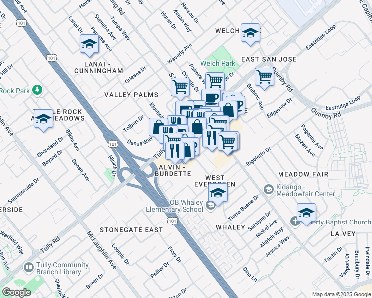 map of restaurants, bars, coffee shops, grocery stores, and more near 2450 Alvin Avenue in San Jose