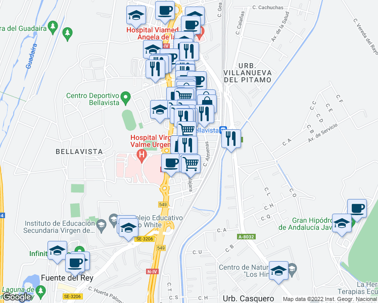 map of restaurants, bars, coffee shops, grocery stores, and more near 141B Calle Guadalajara in Sevilla