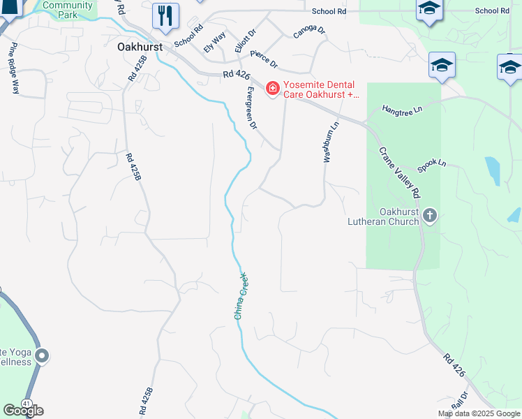 map of restaurants, bars, coffee shops, grocery stores, and more near 39314 Washburn Lane in Oakhurst