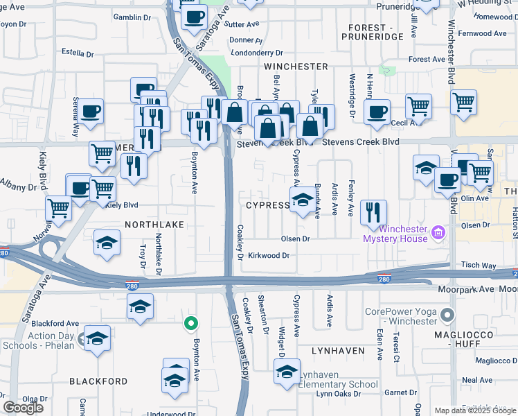 map of restaurants, bars, coffee shops, grocery stores, and more near 3568 Judro Way in San Jose