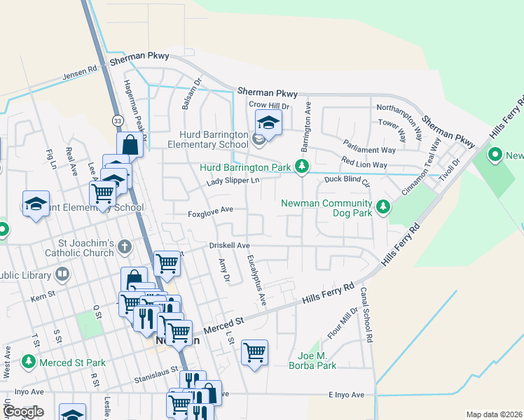 map of restaurants, bars, coffee shops, grocery stores, and more near 523 Goldenrod Lane in Newman