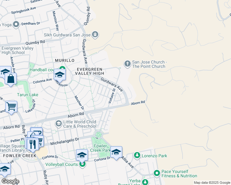 map of restaurants, bars, coffee shops, grocery stores, and more near 4122 Voltaire Street in San Jose