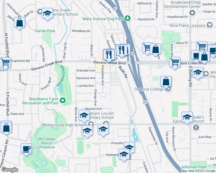 map of restaurants, bars, coffee shops, grocery stores, and more near 10207 Imperial Avenue in Cupertino