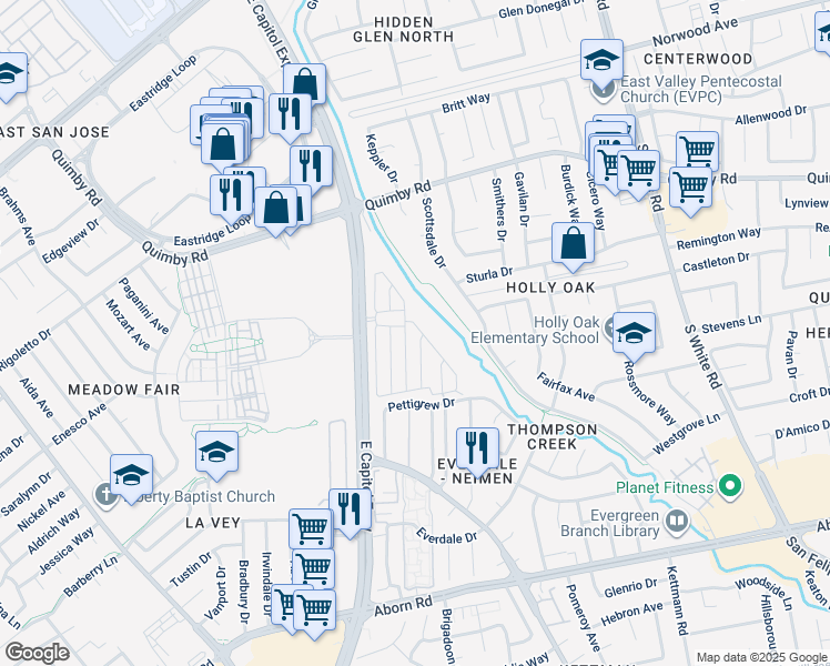 map of restaurants, bars, coffee shops, grocery stores, and more near 2688 Whispering Hills Road in San Jose