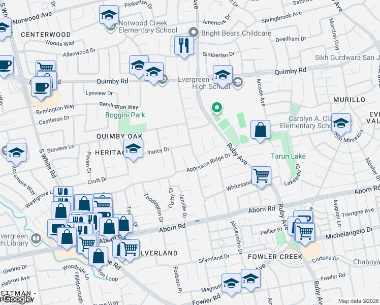 map of restaurants, bars, coffee shops, grocery stores, and more near 3151 Apperson Ridge Court in San Jose