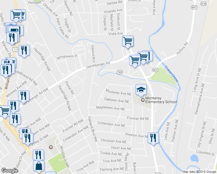 map of restaurants, bars, coffee shops, grocery stores, and more near 4609 Northridge Street Northeast in Roanoke