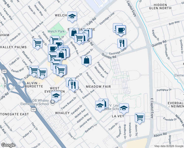map of restaurants, bars, coffee shops, grocery stores, and more near 2631 Brahms Avenue in San Jose