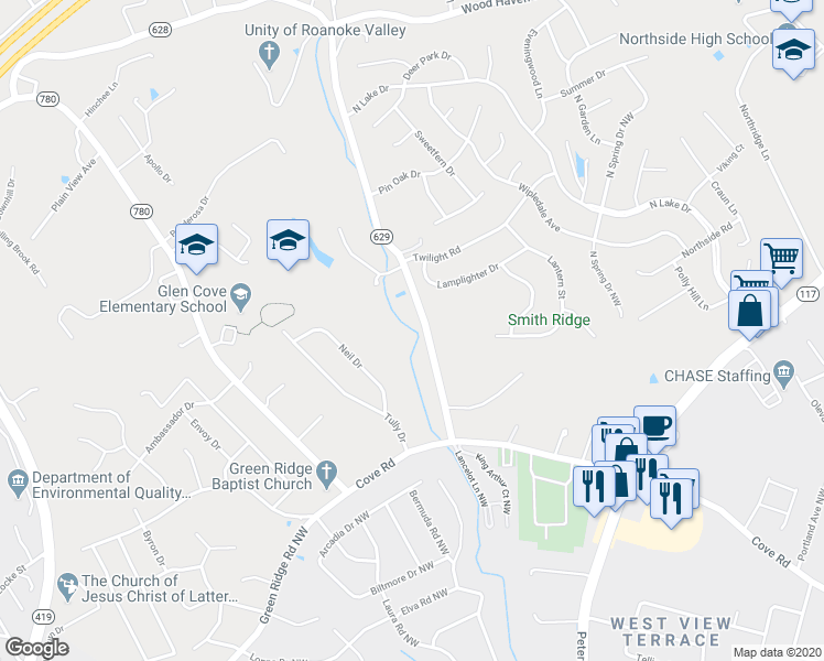 map of restaurants, bars, coffee shops, grocery stores, and more near 2850 Green Ridge Road in Roanoke