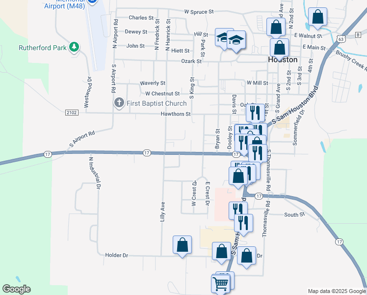 map of restaurants, bars, coffee shops, grocery stores, and more near 825 Missouri 17 in Houston