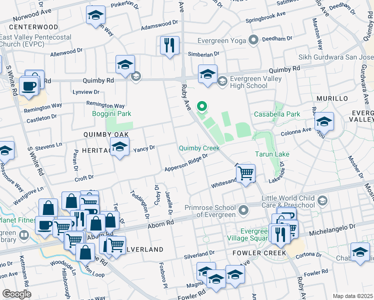 map of restaurants, bars, coffee shops, grocery stores, and more near 3199 Whiteleaf Court in San Jose