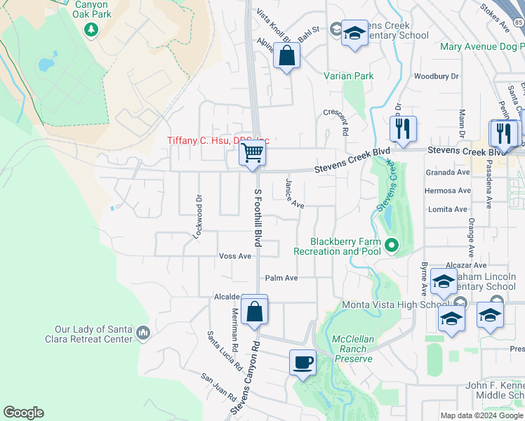 map of restaurants, bars, coffee shops, grocery stores, and more near 22485 Rancho Ventura Street in Cupertino