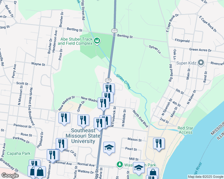 map of restaurants, bars, coffee shops, grocery stores, and more near 5 Village Drive in Cape Girardeau