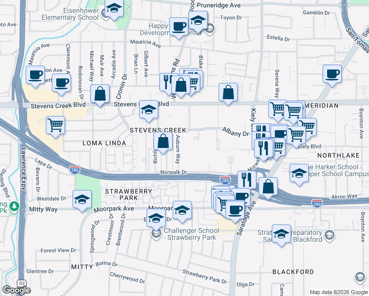 map of restaurants, bars, coffee shops, grocery stores, and more near 320 Auburn Way in San Jose
