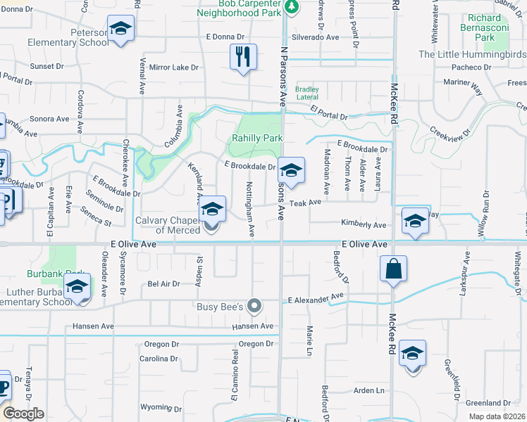 map of restaurants, bars, coffee shops, grocery stores, and more near 1600 Teak Avenue in Merced