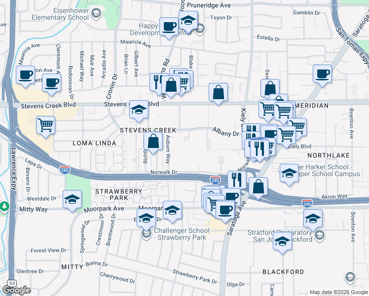 map of restaurants, bars, coffee shops, grocery stores, and more near 340 Auburn Way in San Jose