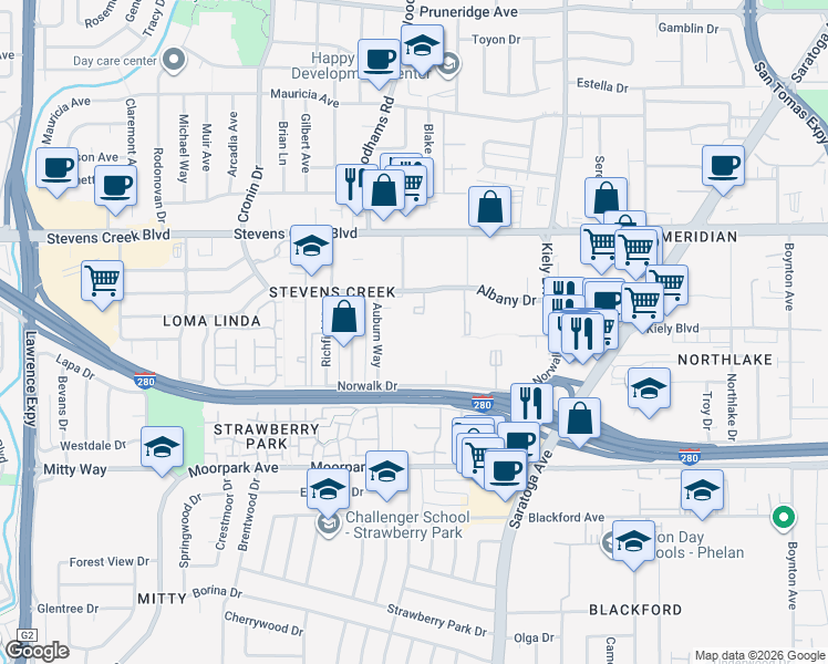 map of restaurants, bars, coffee shops, grocery stores, and more near 340 Auburn Way in San Jose