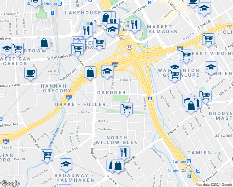 map of restaurants, bars, coffee shops, grocery stores, and more near W Virginia St in San Jose