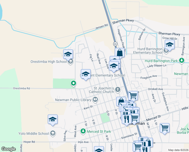 map of restaurants, bars, coffee shops, grocery stores, and more near 901 Fig Lane in Newman
