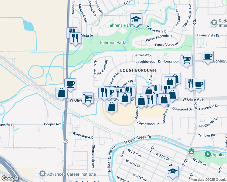 map of restaurants, bars, coffee shops, grocery stores, and more near 3147 Juneau Court in Merced
