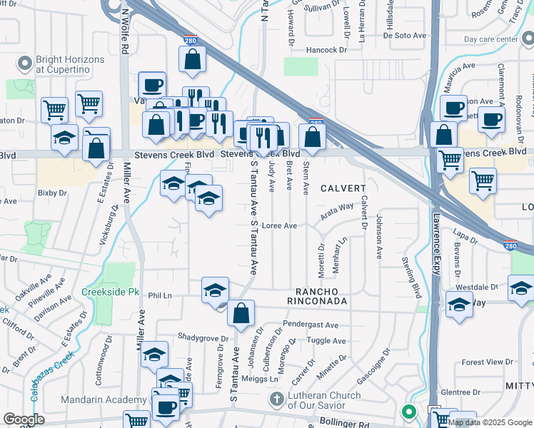 map of restaurants, bars, coffee shops, grocery stores, and more near 10191 Judy Avenue in Cupertino
