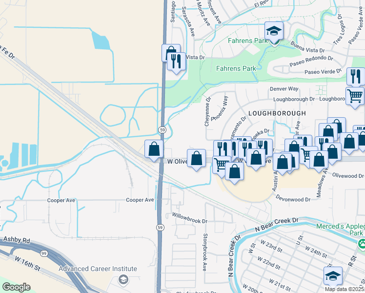 map of restaurants, bars, coffee shops, grocery stores, and more near 1985 W Olive Ave in Merced