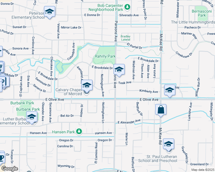 map of restaurants, bars, coffee shops, grocery stores, and more near 1600 Teak Avenue in Merced