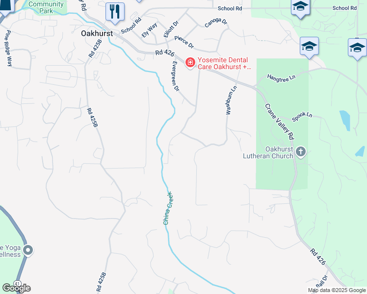 map of restaurants, bars, coffee shops, grocery stores, and more near 39314 Washburn Lane in Oakhurst