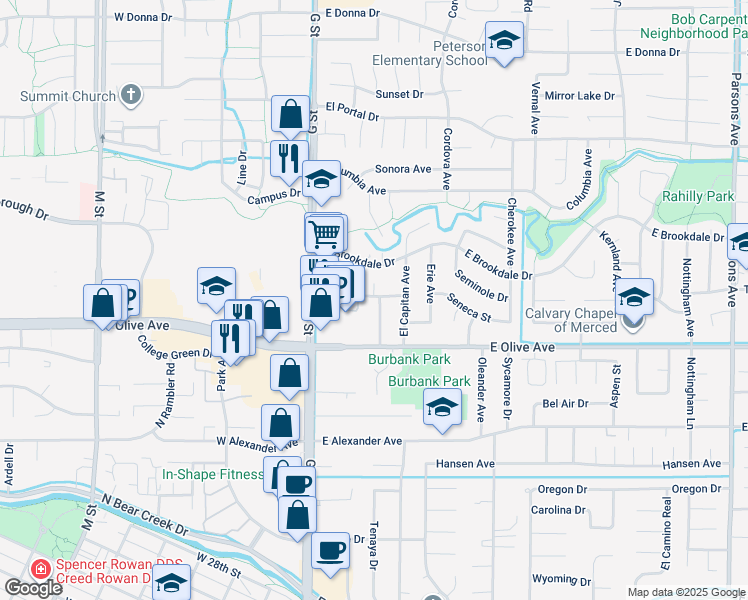 map of restaurants, bars, coffee shops, grocery stores, and more near 294 Seneca Street in Merced