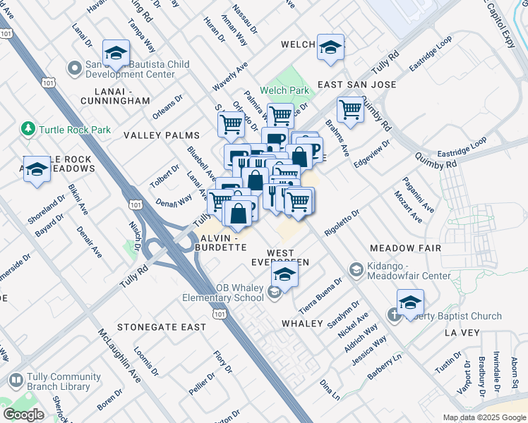 map of restaurants, bars, coffee shops, grocery stores, and more near 1660-1714 Burdette Drive in San Jose