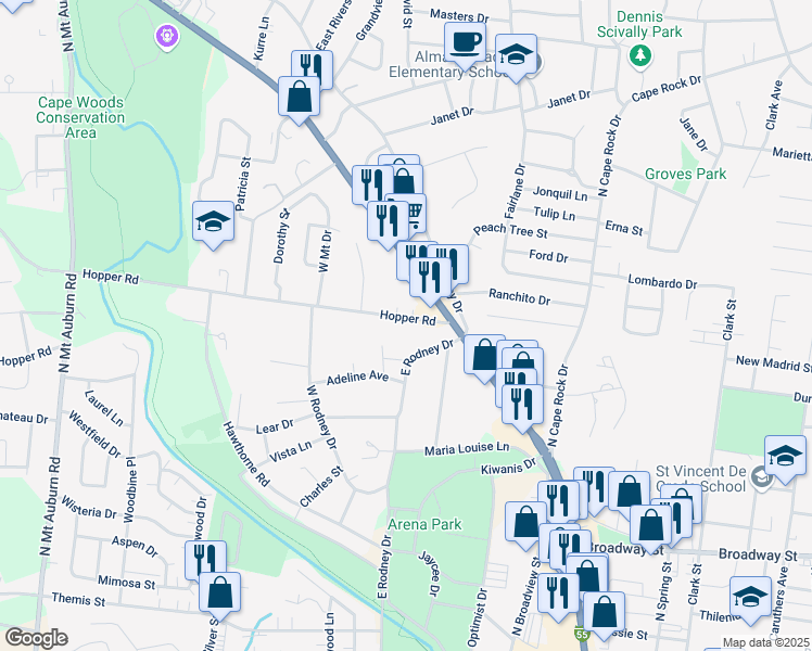 map of restaurants, bars, coffee shops, grocery stores, and more near 2641 Hopper Road in Cape Girardeau