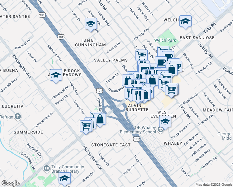 map of restaurants, bars, coffee shops, grocery stores, and more near 1550 Denali Way in San Jose