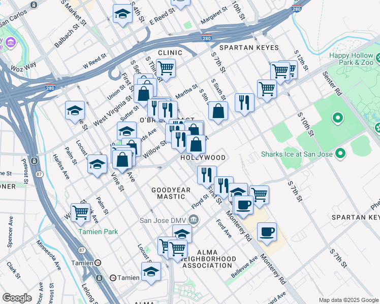 map of restaurants, bars, coffee shops, grocery stores, and more near 1140 South 2nd Street in San Jose