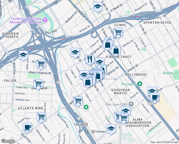 map of restaurants, bars, coffee shops, grocery stores, and more near 908 Vine Street in San Jose