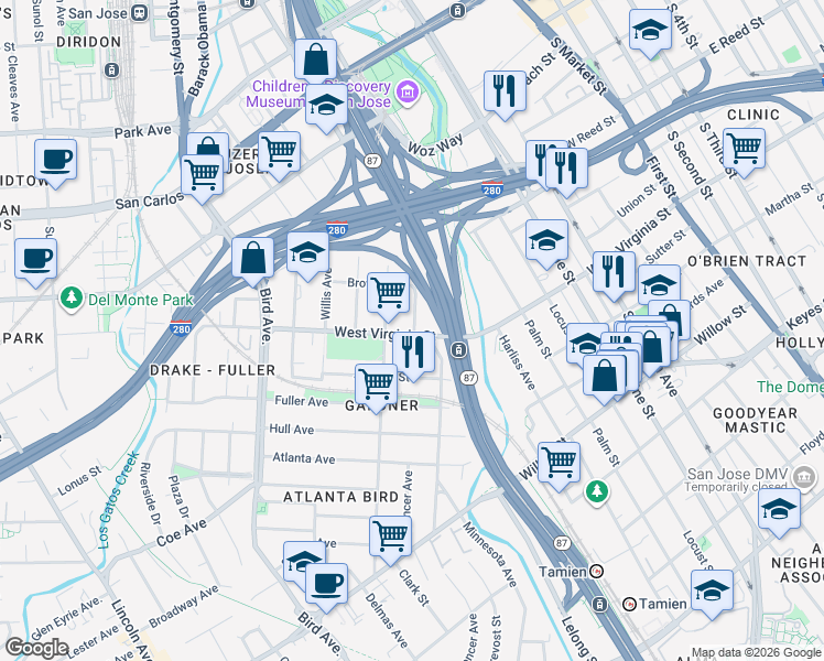 map of restaurants, bars, coffee shops, grocery stores, and more near 369 West Virginia Street in San Jose